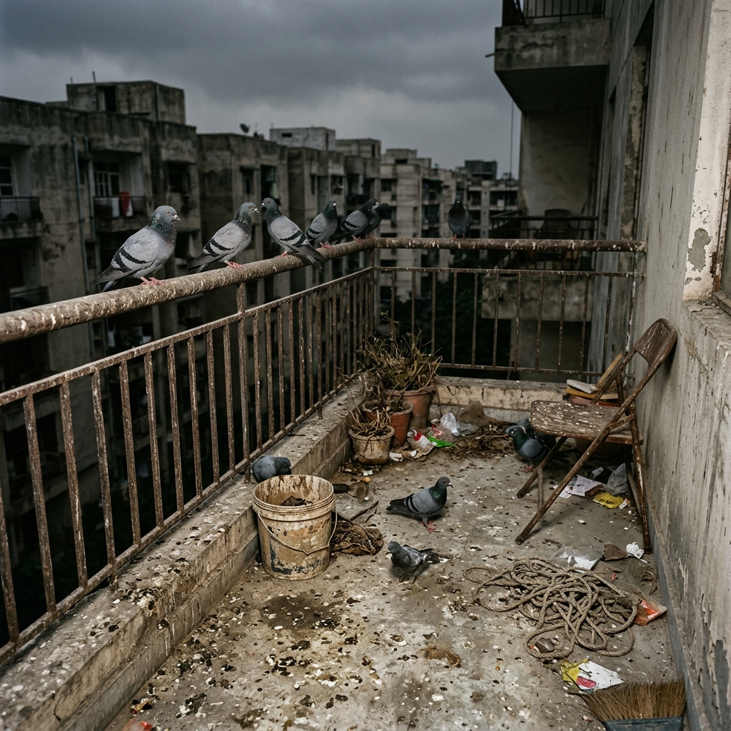Dirty Unprotected Balcony with Pigeons
