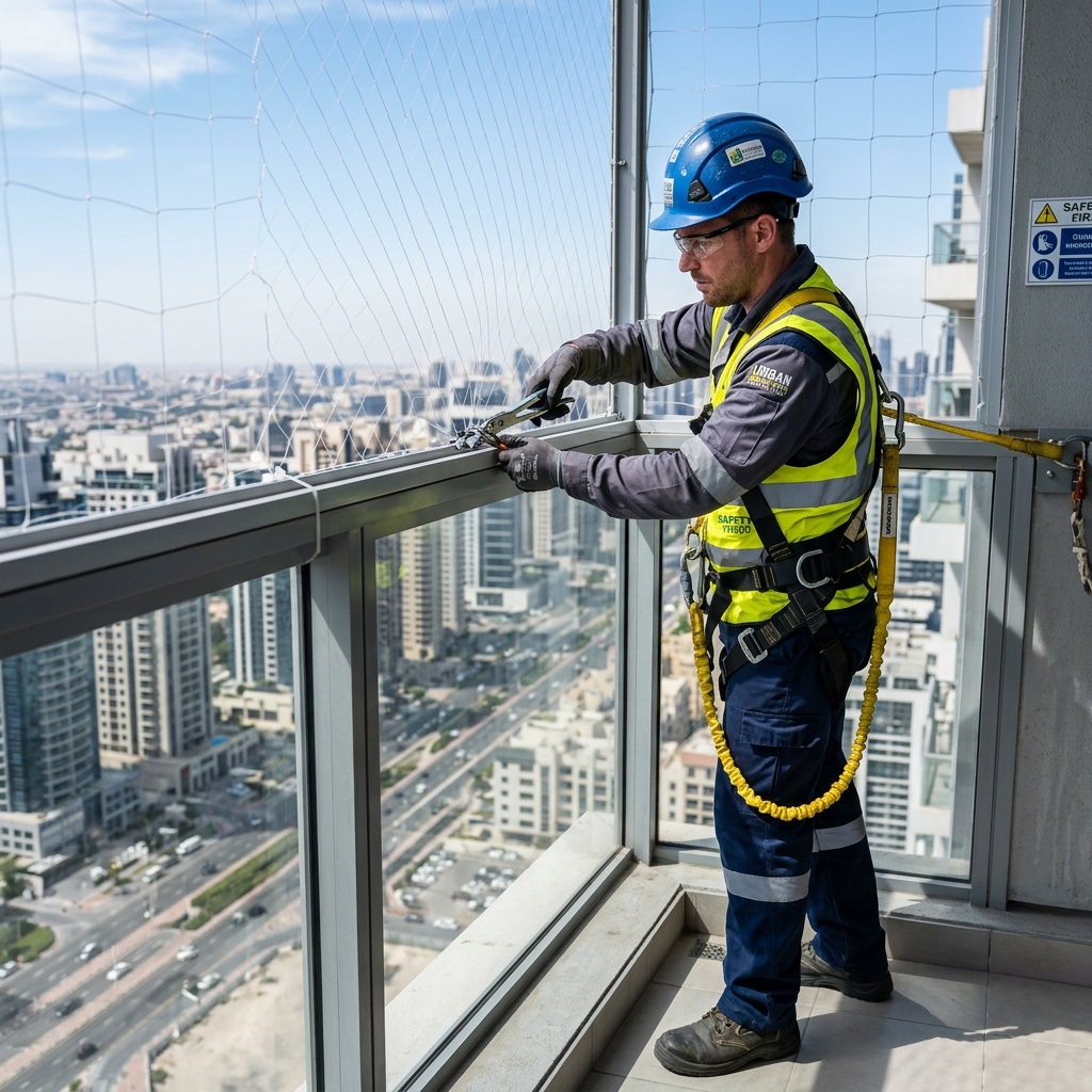 Worker installing safety net professionally