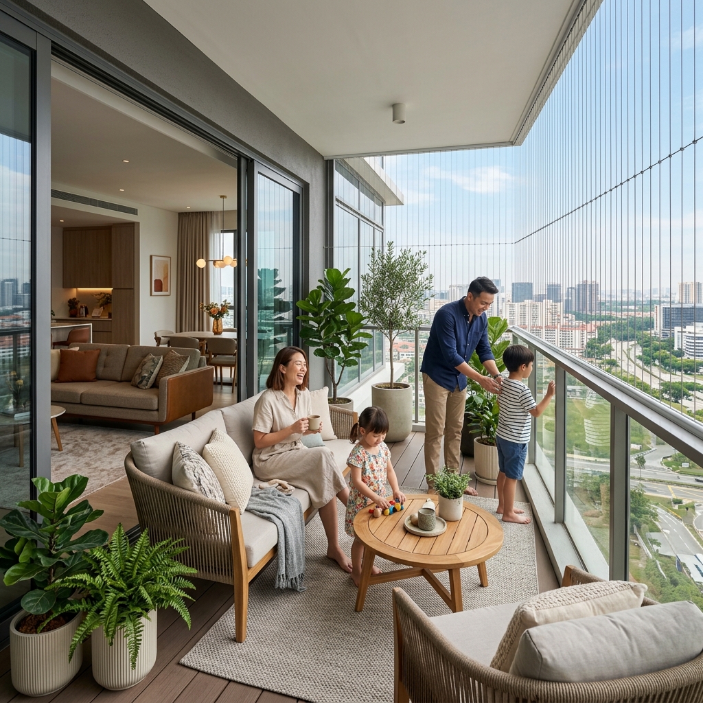 Luxury high-rise apartment balcony with invisible safety grill